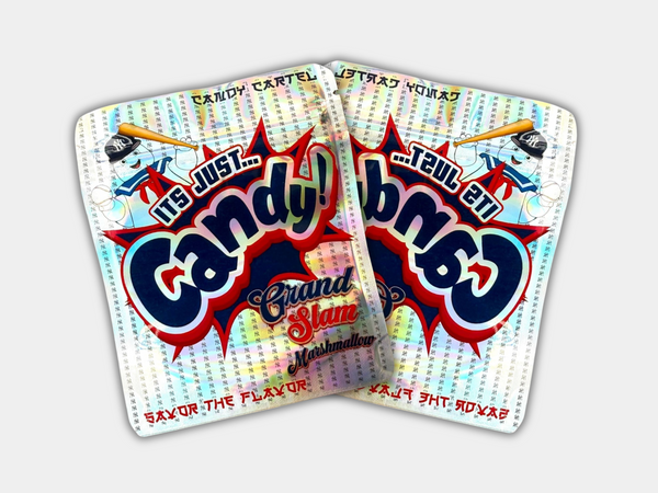 It’s Just Candy Gram Slam Mylar bag designed for 3.5 g. This smell-proof packaging preserves freshness while featuring a playful design for secure storage.