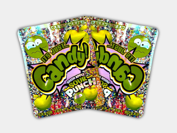 It’s Just Candy Green Apple Mylar bag designed for 3.5 g. This smell-proof packaging locks in potency. Features an apple-inspired design for secure storage.