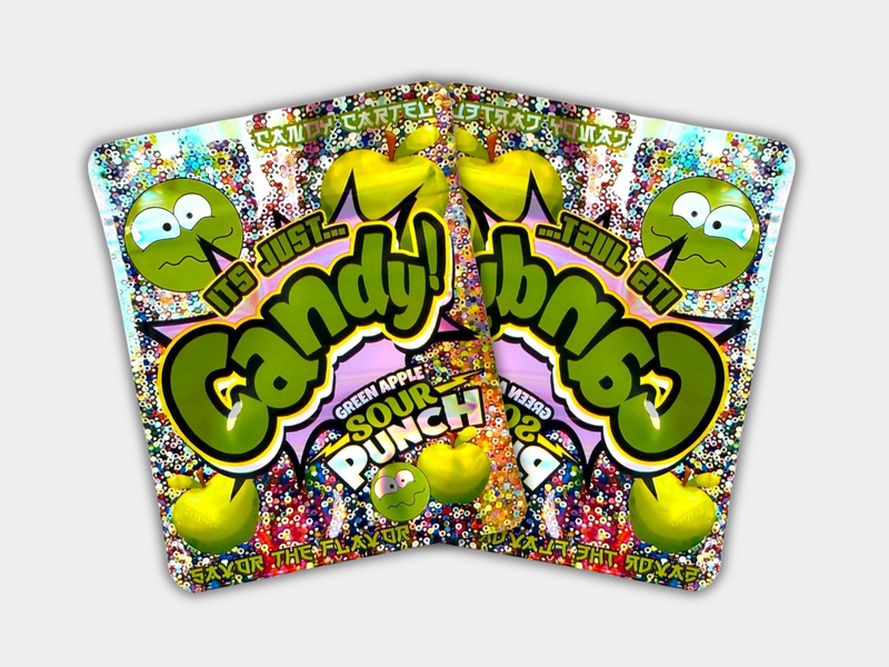 It’s Just Candy Green Apple Mylar bag designed for 3.5 g. This smell-proof packaging locks in potency. Features an apple-inspired design for secure storage.