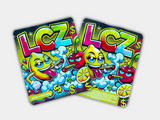 A LCZ Mylar bag designed for 3.5 grams, with a box. Front & Back. This smell-proof packaging preserves potency. Features a modern design for secure storage.