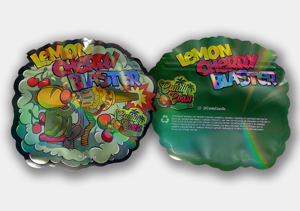A Lemon Cherry Blaster Mylar bag designed for 3.5 grams. This smell-proof bag helps maintain aroma & potency while providing a sleek & durable storage solution.