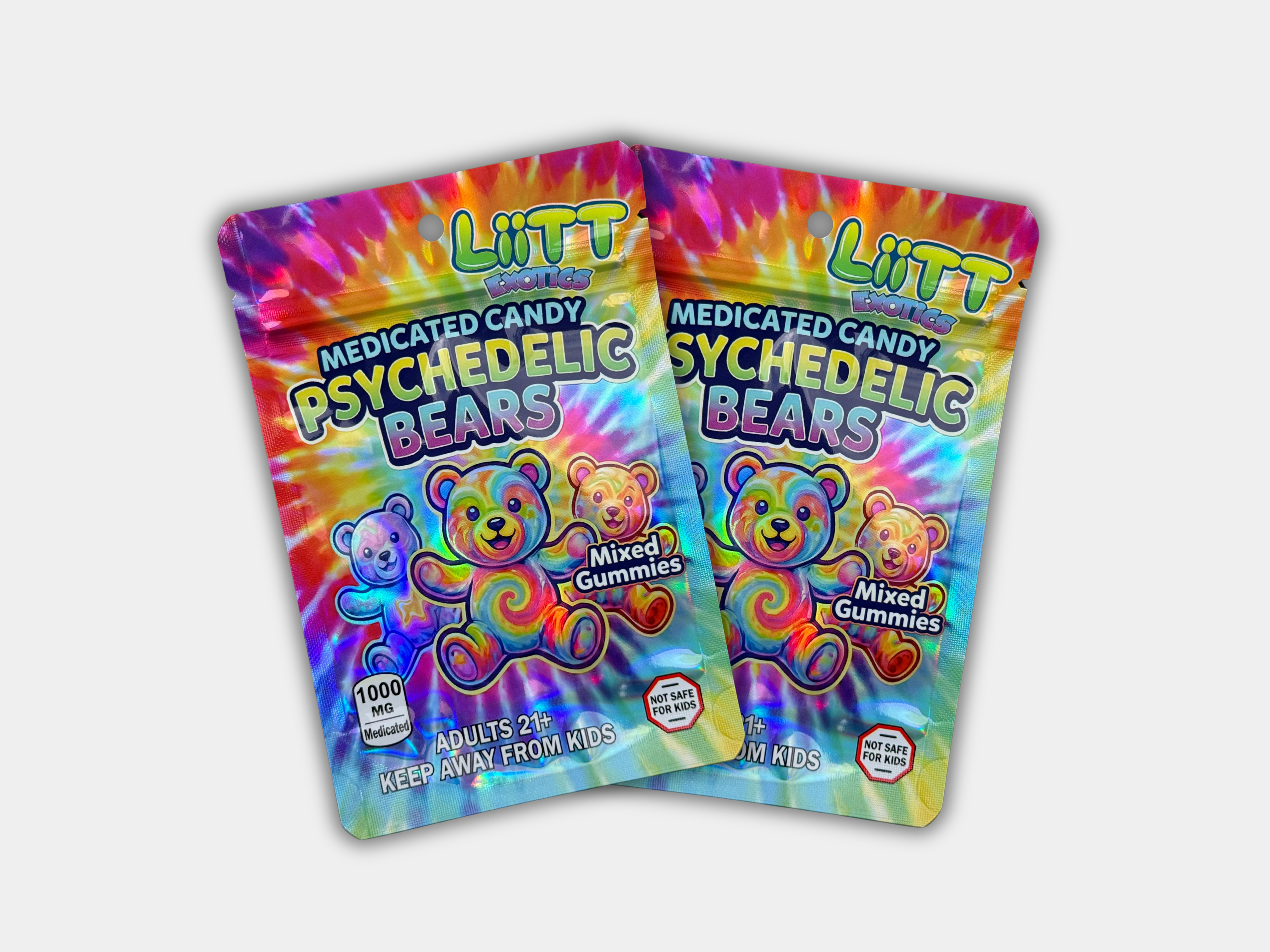 Liit Exotics Psychedelic Bears Mixed Gummies EMPTY Mylar Bag 1000 MG ...