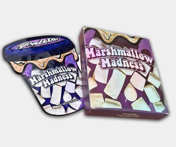 Marshmallow Madness Holographic Mylar bag designed for 3.5g, with a box. This smell-proof packaging preserves potency. Features holographic design for secure storage.