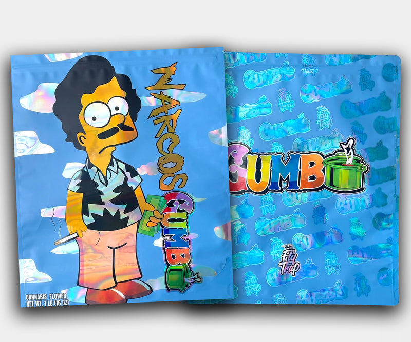 Narco Gumbo 1lb mylar bag with a cartoon-style character holding cash and a joint, labeled “Narcos” with colorful Gumbo branding, and a holographic-style Fly Trap print on the back.