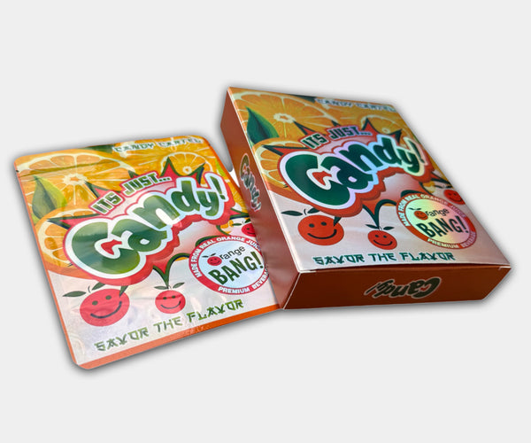 Orange Bang Holographic Mylar bag designed for 3.5g, with a box. This smell-proof packaging preserves potency. Features holographic design for secure storage.