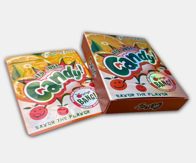 Orange Bang Holographic Mylar bag designed for 3.5g, with a box. This smell-proof packaging preserves potency. Features holographic design for secure storage.