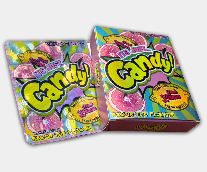 Pink Lemon Holographic Mylar bag designed for 3.5g, with a box. This smell-proof packaging preserves potency. Features holographic design for secure storage.