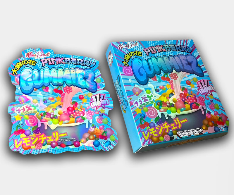 Colorful empty Pinkberry Gummiez cannabis-style mylar bag and box featuring candy graphics, Lemon Cherry flavor label, and vibrant blue and pink design.