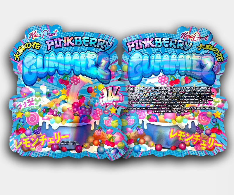 Front and back of a Pinkberry Gummiez mylar bag featuring bright candy-themed graphics, a Lemon Cherry label, and colorful gummy designs, labeled 3.5G cannabis flower but sold as an empty display bag.