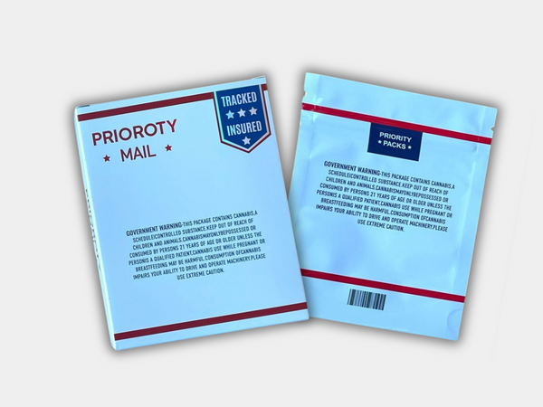 A Priority Mail Mylar bag with a box, designed for 3.5 grams. This smell-proof packaging ensures potency while offering a secure & unique storage solution.