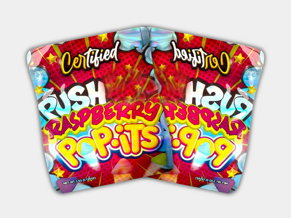 Push Raspberry Pop Its Mylar bag designed for 3.5 g. This smell-proof packaging preserves potency. Features a raspberry-inspired design for secure storage.