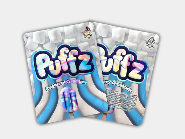 Raspberry Creamsicle Puffz Mylar bag designed for 3.5 g. This smell-proof packaging locks in potency. Features a dessert-inspired design for secure storage.