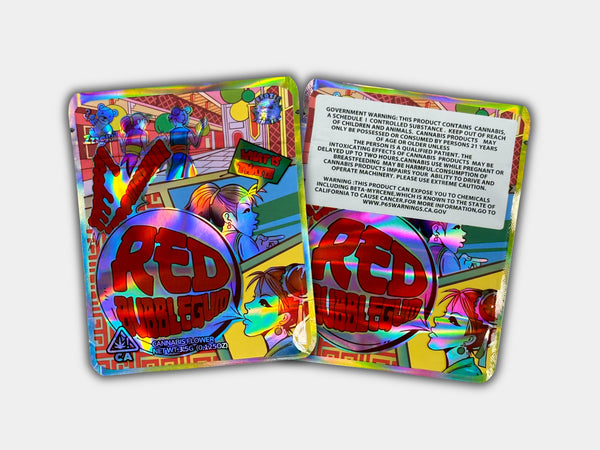 A premium Red Bubblegum-themed Mylar bag designed for 3.5 grams. Smell-proof, resealable, and airtight to preserve freshness and potency.