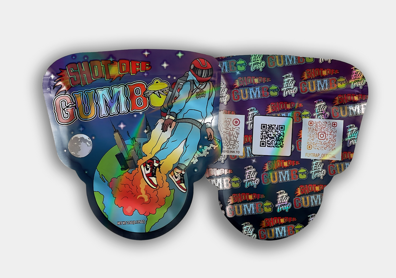 The Shot Off Gumbo Fily Trap Mylar bag offers a smell-proof storage solution for 3.5 grams. Maintains freshness, aroma, and potency while ensuring quality.
