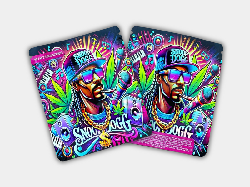 A Snoop Dogg Mylar bag designed for 3.5 grams, with a box. Front & Back. This smell-proof packaging preserves potency. Featuring a unique design for secure storage.