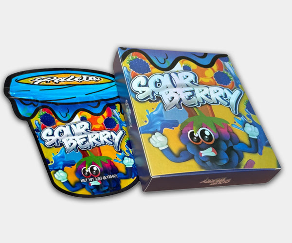 Sour Berry Holographic Mylar bag designed for 3.5g, with a box. This smell-proof packaging preserves potency. Features holographic design for secure storage.
