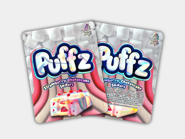 Strawberry Cheesecake Snikers Puffz Mylar bag designed for 3.5 grams. This smell-proof packaging preserves potency. Features a bold design for secure storage.
