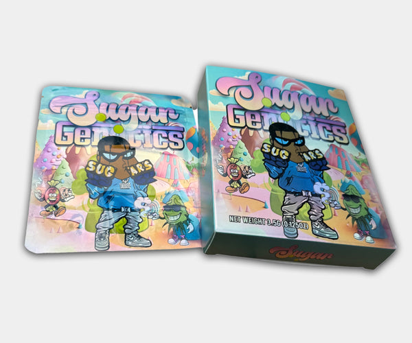 Sugars Holographic Mylar bag designed for 3.5 g, with a box. This smell-proof packaging preserves potency. Features a holographic design for secure storage.