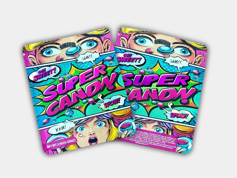 A Super Candy Mylar bag for 3.5 grams, with a box. Front & Back. This smell-proof packaging locks in potency. Features a candy-inspired design for secure storage.