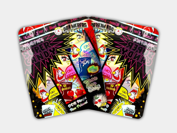 Super Candy Don Merfos Mylar bag designed for 3.5 grams. This smell-proof packaging preserves potency. Features a candy-inspired design for secure storage.