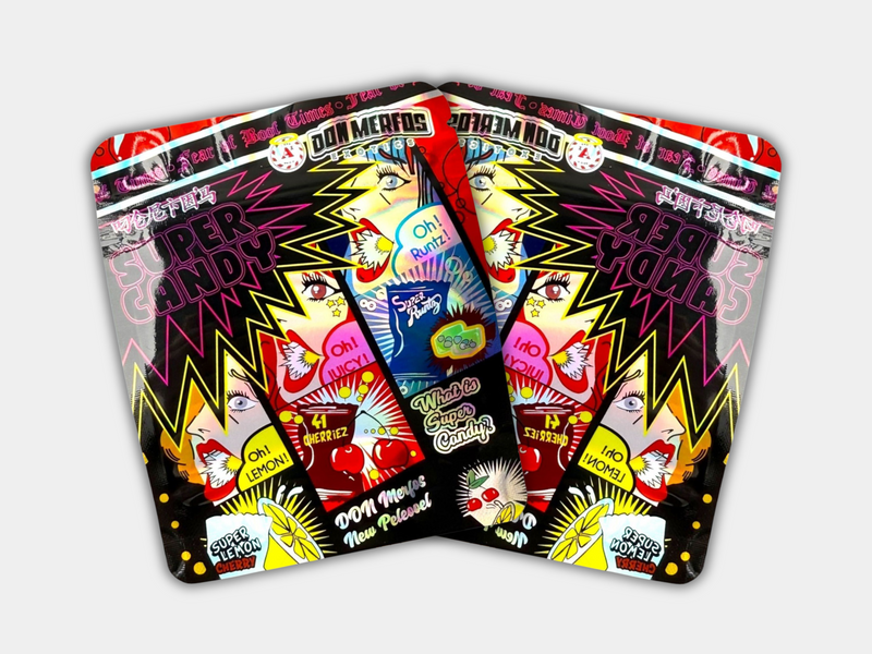 Super Candy Don Merfos Mylar bag designed for 3.5 grams. This smell-proof packaging preserves potency. Features a candy-inspired design for secure storage.