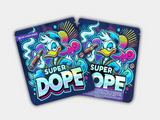 A Super Dope Mylar bag for 3.5 grams, with a box. Front and Back. This smell-proof packaging locks in potency. Features a unique design for secure storage.