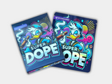 A Super Dope Mylar bag for 3.5 grams, with a box. This smell-proof packaging locks in potency while featuring an eye-catching design for secure storage.