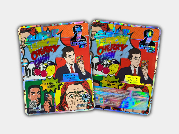 A vibrant Super Lemon Cherry Gushers-themed Mylar bag designed for 3.5 grams. It is smell-proof, resealable, and airtight to lock in freshness and potency.