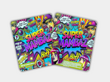 A Super Mambaz Mylar bag for 3.5 grams, with a box. Front and Back. This smell-proof packaging preserves potency. Features a bold design for secure storage.