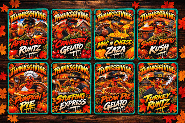 Thanksgiving Collection 2026 – 8 Custom Design one sided Sticker Mylar Set (3.5g)
