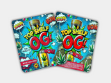 A Top Shelf OG Mylar bag for 3.5 grams, with a box. Front & Back. This smell-proof packaging locks in potency. Features a premium design for secure storage.