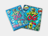 A Top Shelf OG Mylar bag designed for 3.5 grams, with a box. This smell-proof packaging locks in potency. Features a sleek, premium design for secure storage.