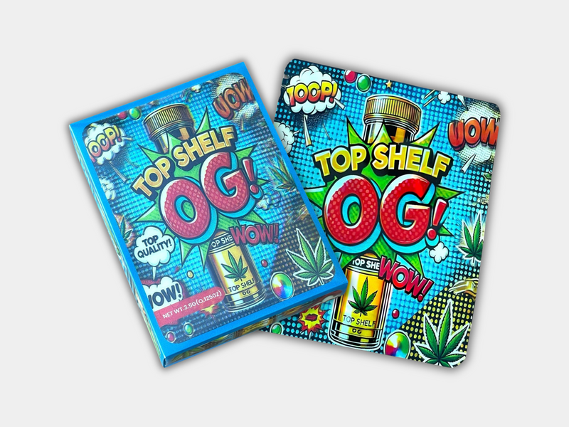 A Top Shelf OG Mylar bag designed for 3.5 grams, with a box. This smell-proof packaging locks in potency. Features a sleek, premium design for secure storage.
