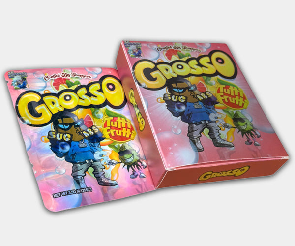Tutti Fruttii Holographic Mylar bag designed for 3.5g, with a box. This smell-proof packaging preserves potency. Features holographic design for secure storage.