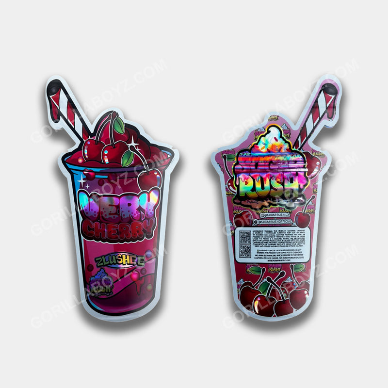 A premium Very Cherry Zlushee Mylar bag designed for 3.5 grams. This smell-proof bag locks in potency, featuring a fruity-inspired design for secure storage.