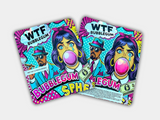 A WTF Bubblegum Mylar bag designed for 3.5 grams, with a box. Front & Back. This smell-proof packaging preserves potency. Featuring a candy-inspired design for secure storage.
