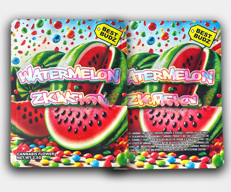 Front and back of Watermelon Mylar Bag featuring vibrant watermelon slices, candy-coated background, and graffiti-style “Watermelon Zkittlez” text, with Best Budz branding and 3.5G label.