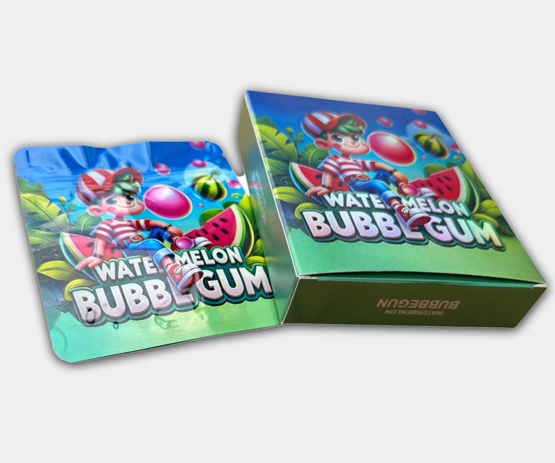 Watermelon Bubblegum Holographic Mylar bag designed for 3.5g, with a box. This smell-proof packaging preserves potency. Features holographic design for secure storage.