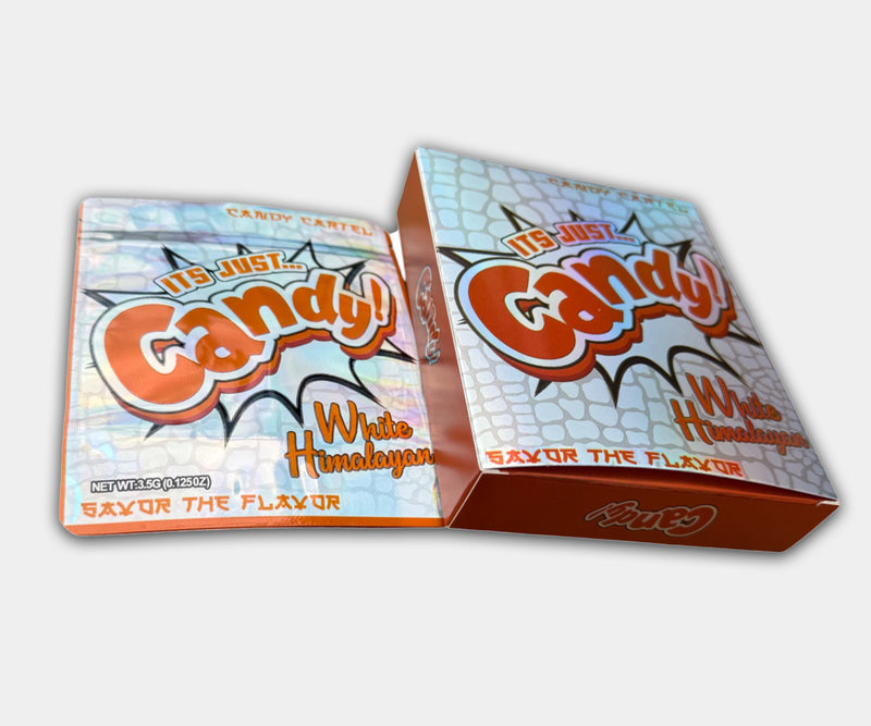White Himalayan Holographic Mylar bag designed for 3.5g, with a box. This smell-proof packaging preserves potency. Features holographic design for secure storage.