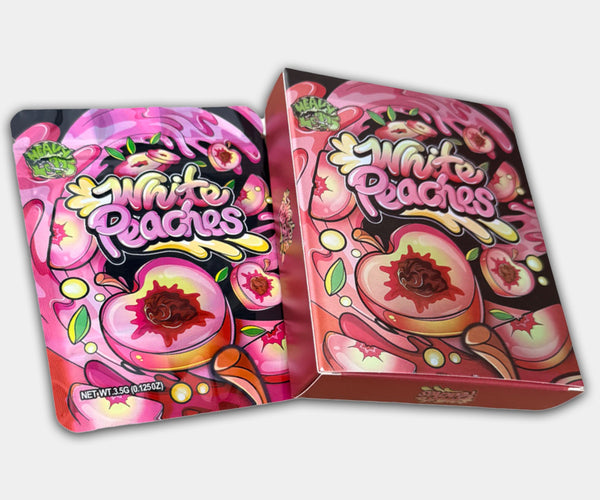 White Peaches Holographic Mylar bag designed for 3.5g, with a box. This smell-proof packaging preserves potency. Features holographic design for secure storage.