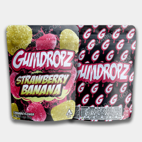 Gumdropz Strawberry Banana mylar bags 3.5 grams sandy material