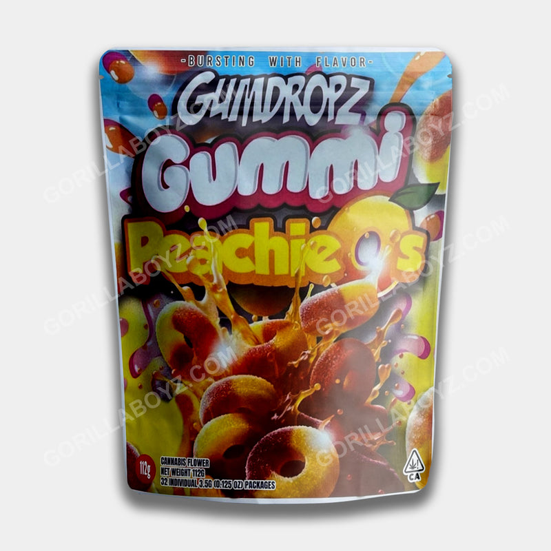 Gumdropz Gummi Peachieos  112 Gram - 1 Pound sticker Mylar Bag