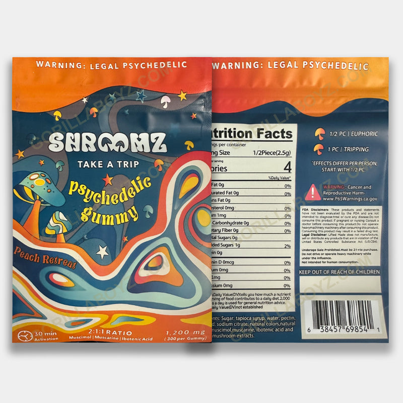 Shroomz Peach Retreat mylar bags 1200 mg