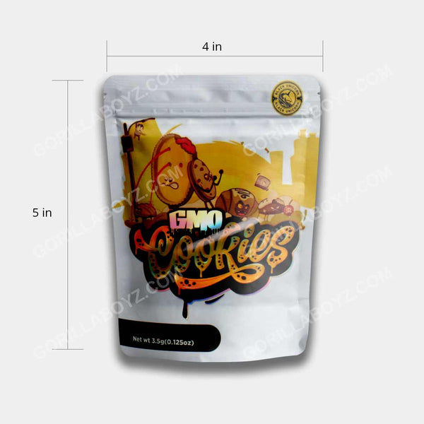 GMO Cookies mylar bags 3.5 grams dimensions