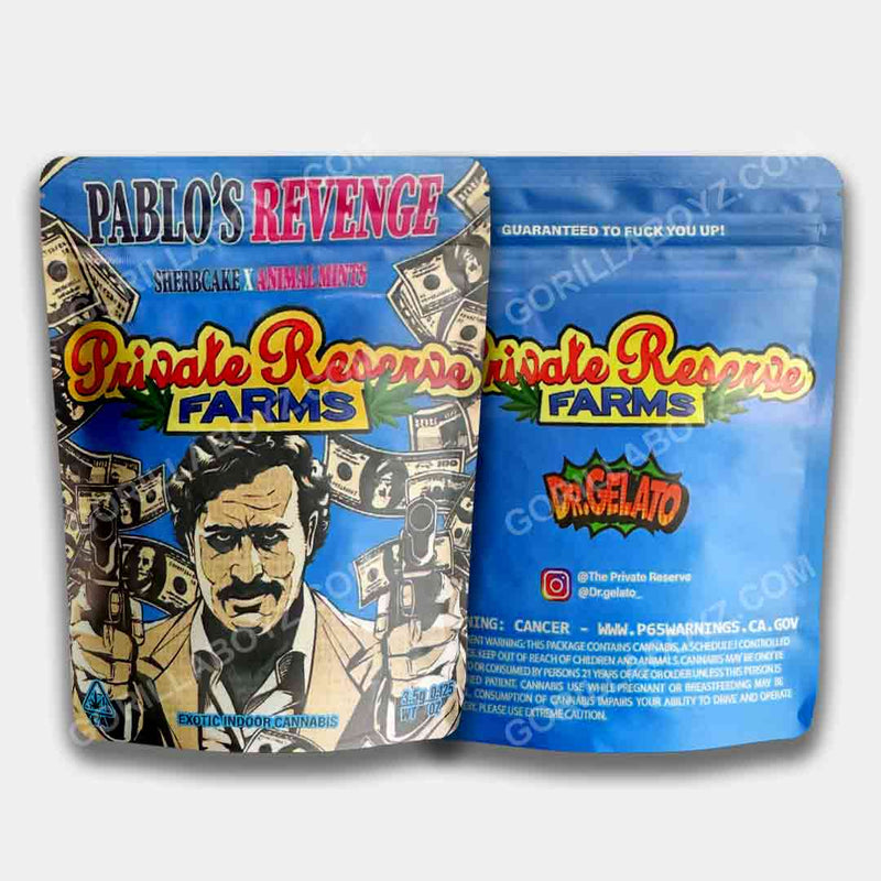 Private Reserve Farms Pablo's Revenge Sherbcake Animal Mints mylar bags 3.5 grams
