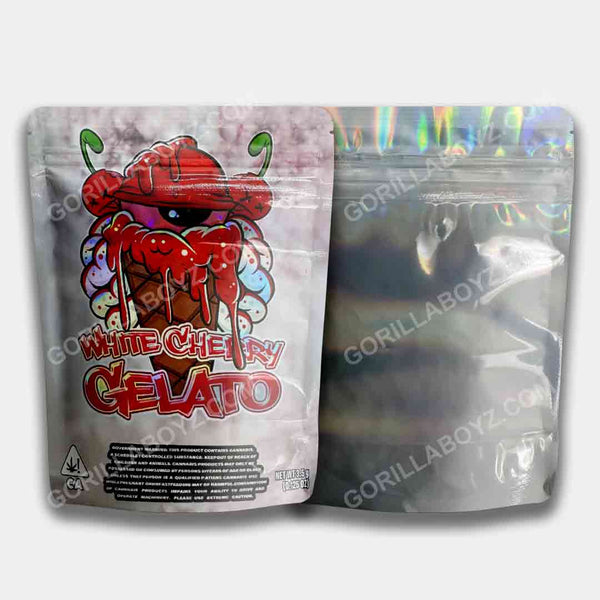 White Cherry Gelato holographic mylar bags 3.5 grams