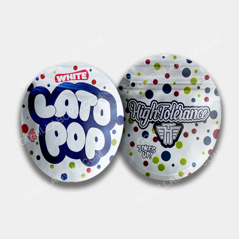 White Lato Pop mylar bags 3.5 grams